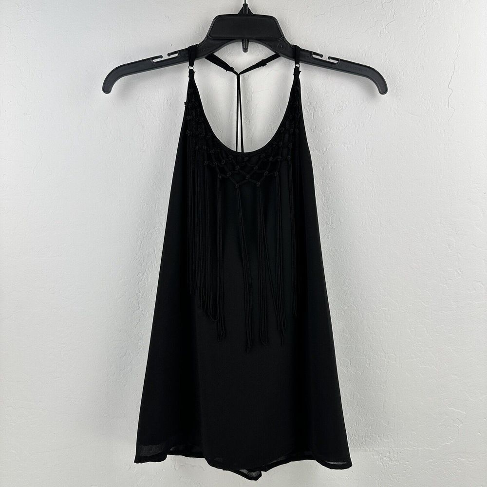 Naked zebra top Women's L sleeveless crochet tassels fringe‎ black T-back Tank